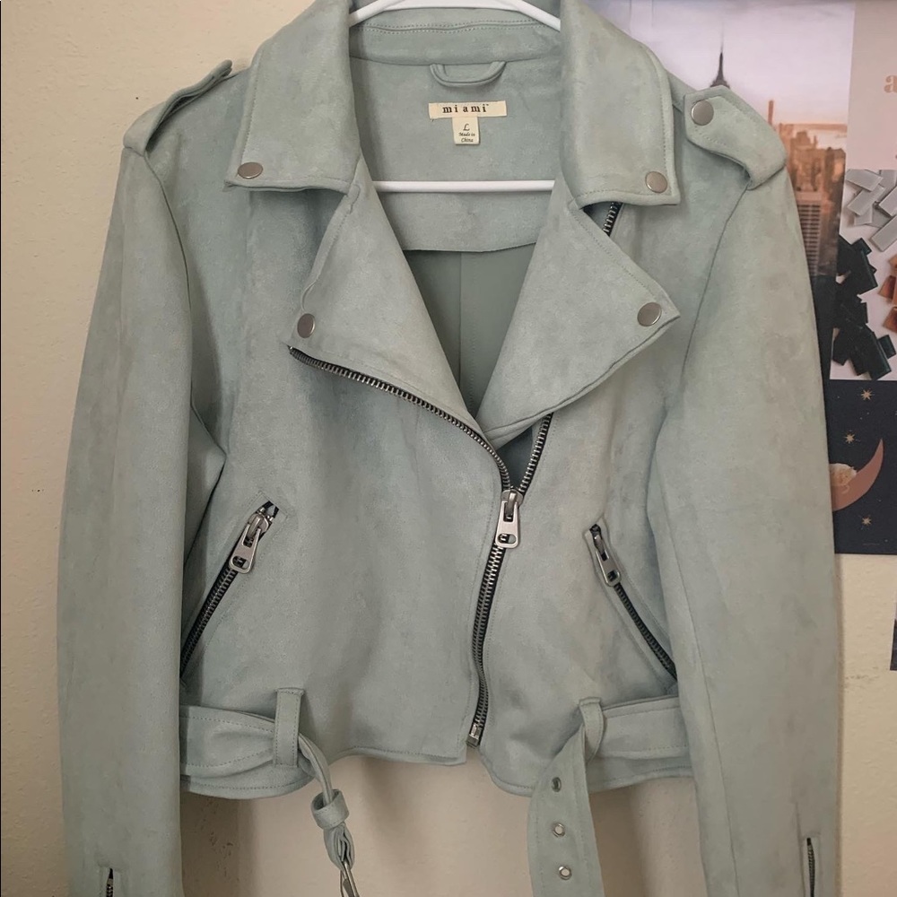 Light Blue Suede Moto Jacket - image 6